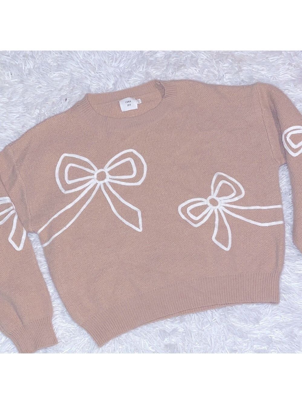Luna Ivy semi crop Tan Sweater with White Bow Accents